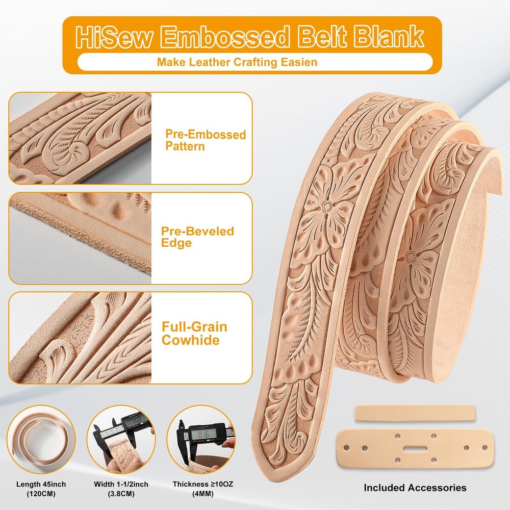 Leather Strap Blank for Belt Crafting, Cowhide, Pre-Embossed Patterns, Pre-Be...