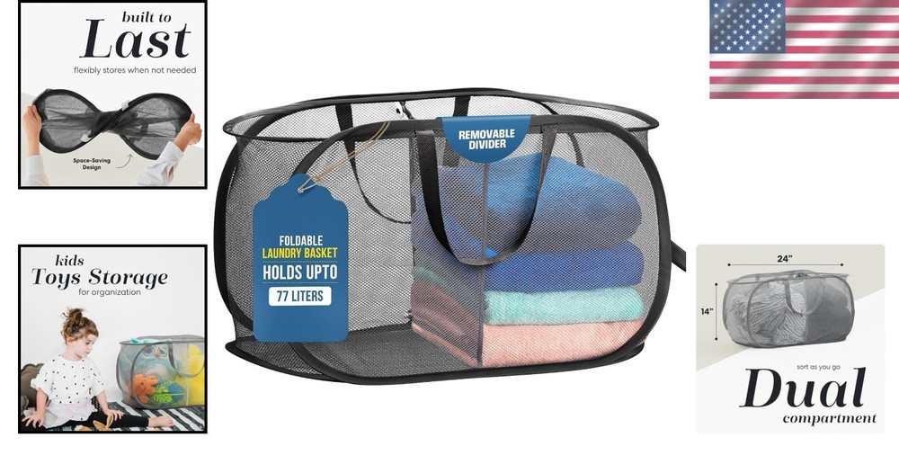 Lightweight Foldable Laundry Basket with Easy Carry Handles - Black Mesh Design