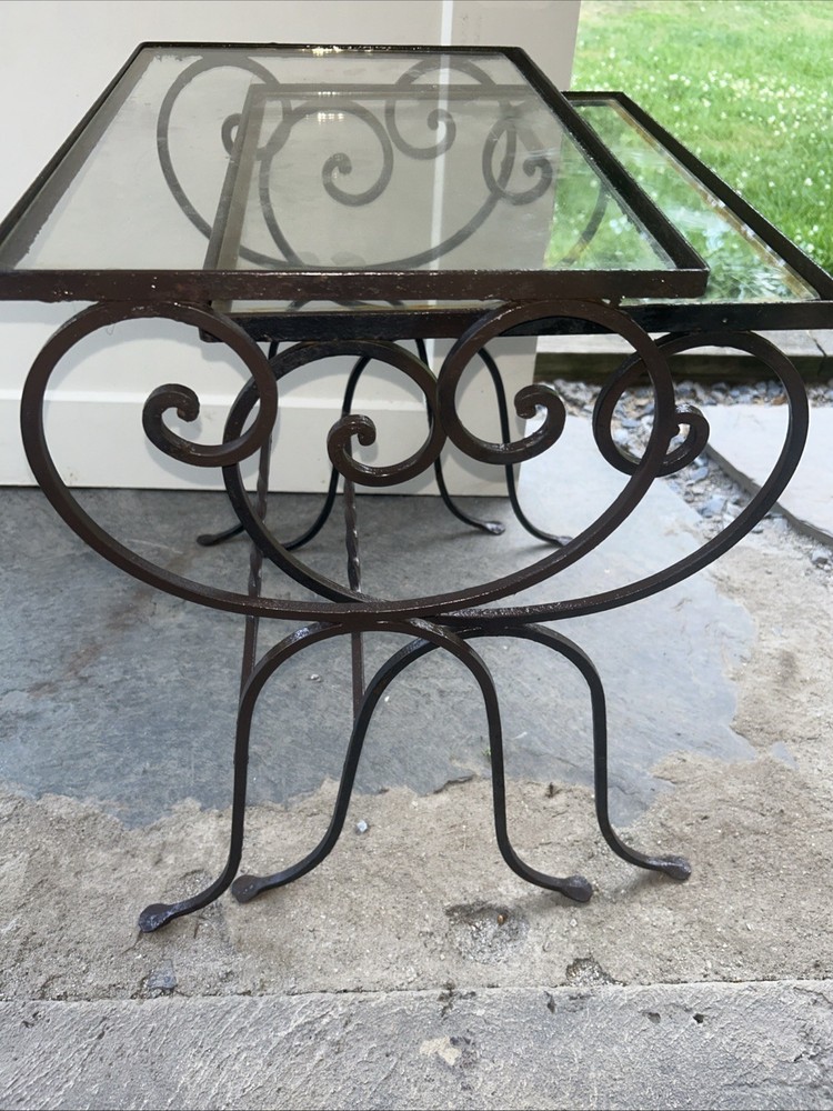 Complementary Pair NESTING Neoclassical Style Wrought Iron Glass Top Side Tables