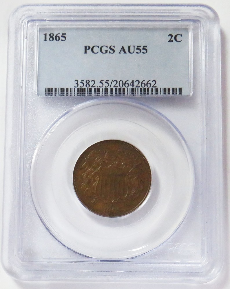 1865 USA TWO CENT COIN PCGS ABOUT UNC 55