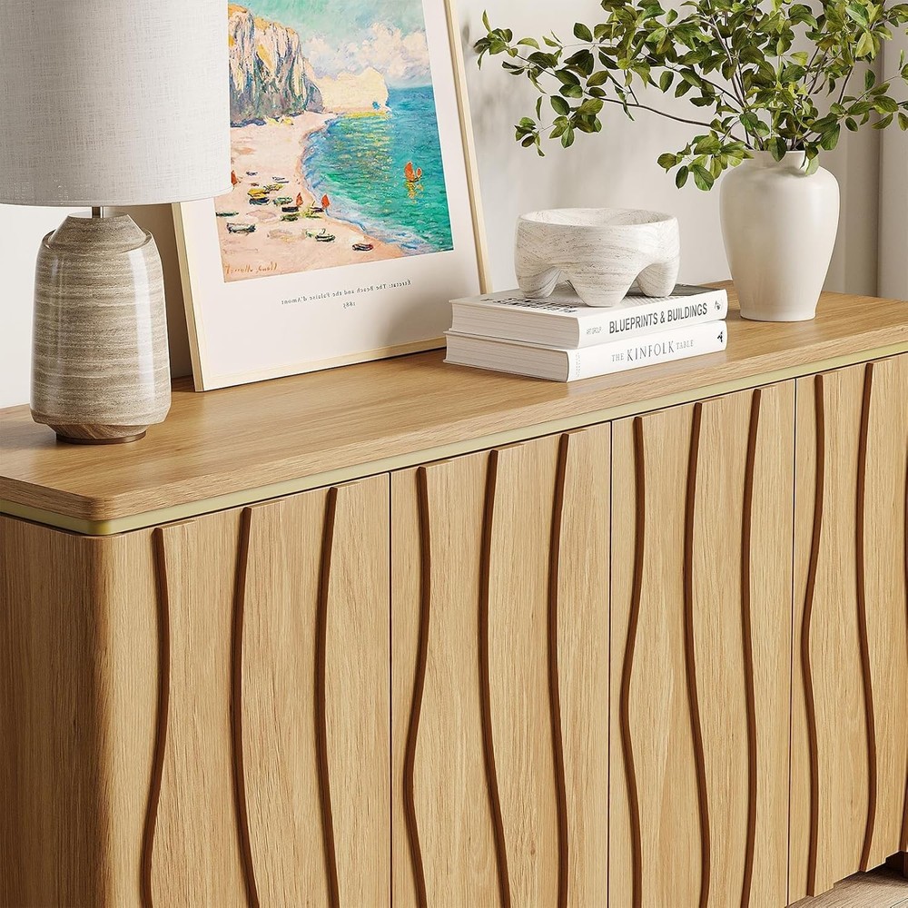 Fluted Buffet Cabinet with Storage, 3D Ripple Pattern Doors and Curved