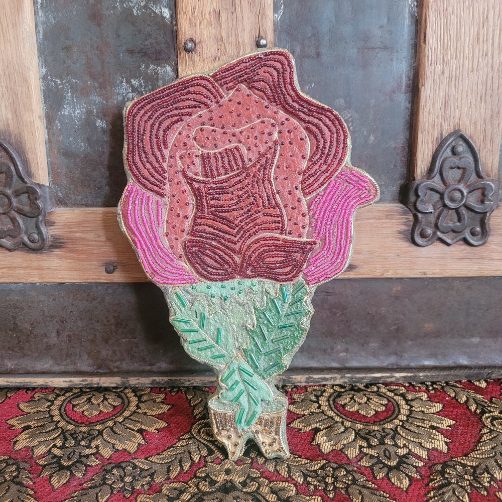 Antique Beaded Rose Vanity Hand Mirror