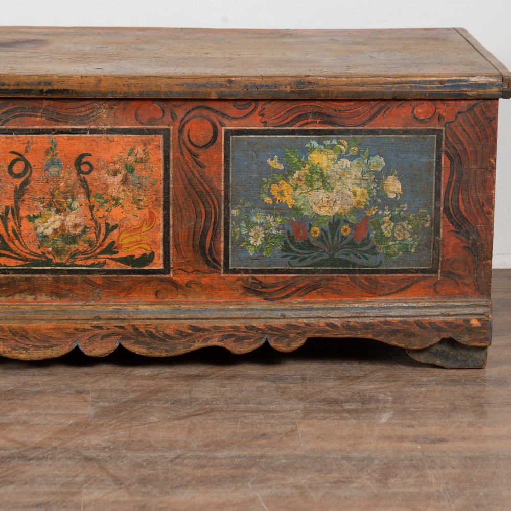 Long Narrow Hand Painted Pine Trunk Bench, Dated 1889
