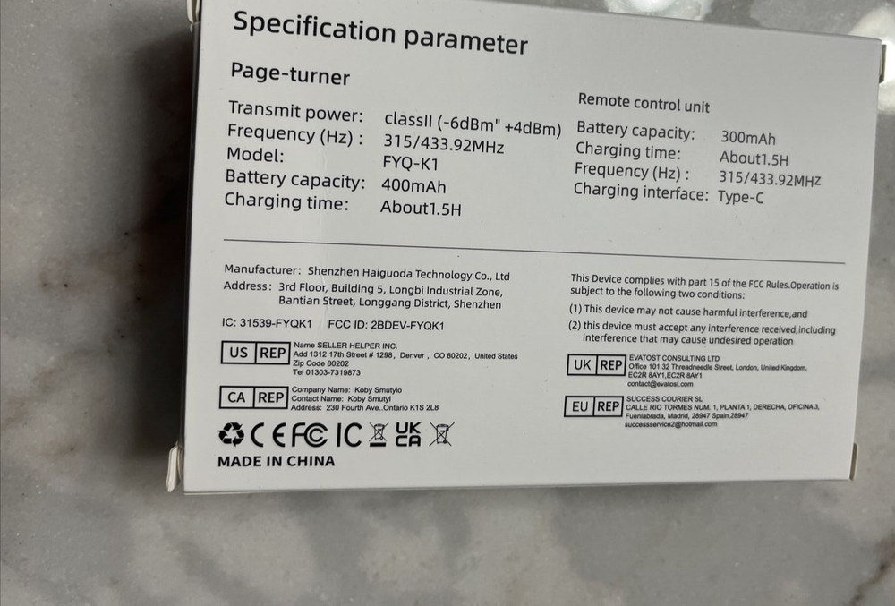RF Remote Control Page Turner Black NEW