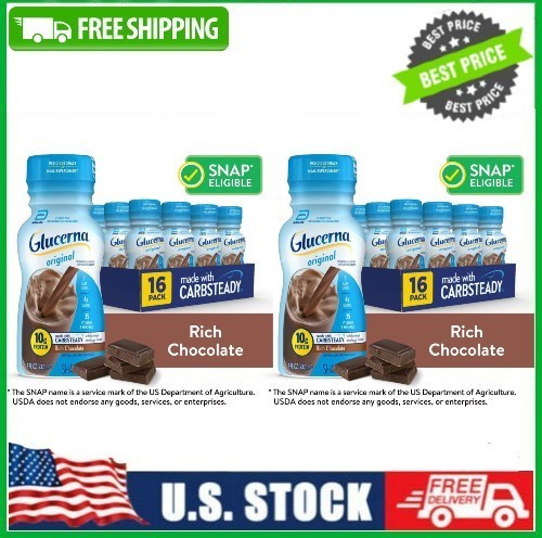 2 PACK Glucerna Original Diabetic Protein Shake, Rich Chocolate, 8 fl oz Bottle