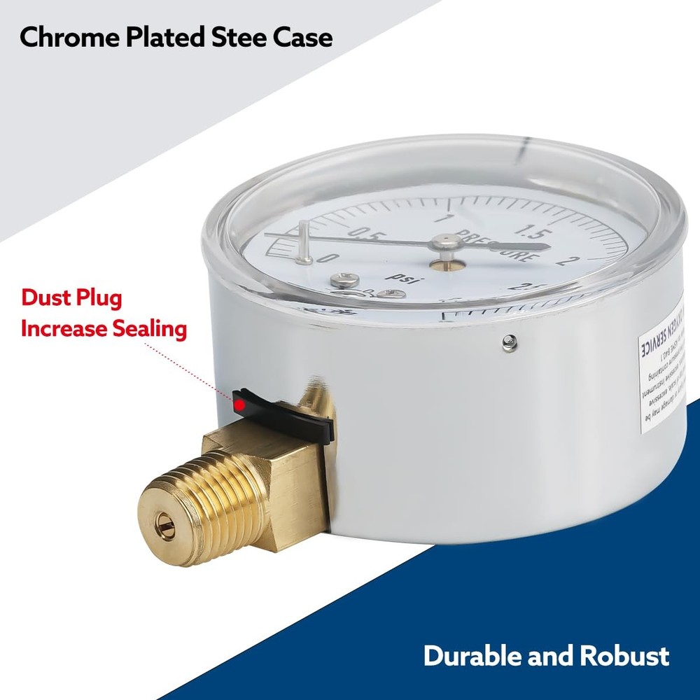 Low Pressure Gauge 0-5 Psi, 2.5" Dial, 1/4" NPT, Zero Adjustment for Testing