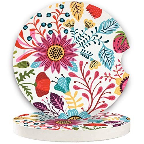 Sunflower Small 2.56" Absorbent Auto Coasters 2 Pack, Ceramic Car Red and White
