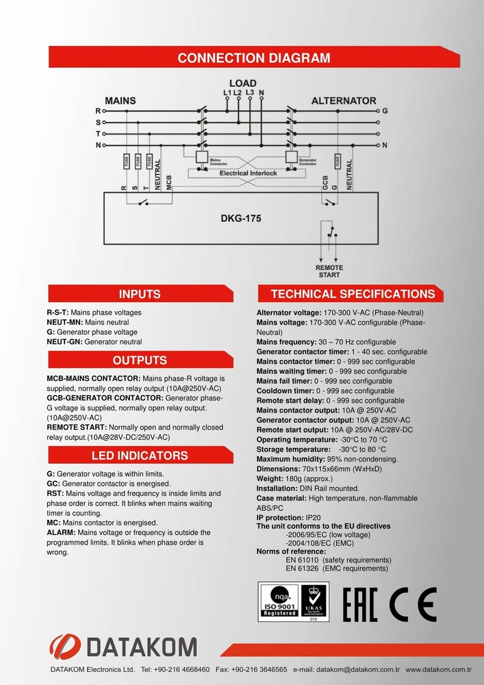 DATAKOM DKG-175 Generator/Mains Automatic Transfer Switch Controller (ATS)