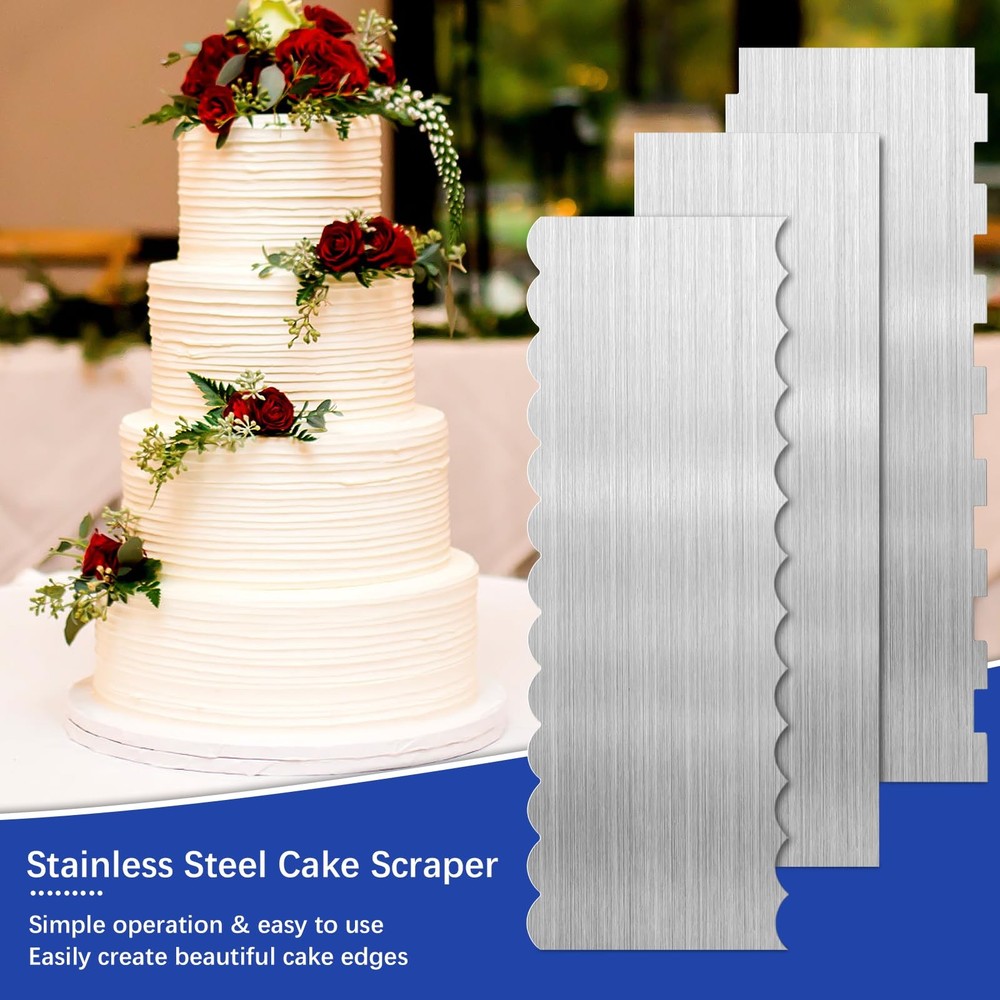 3 Pcs Stainless Steel Cake Scraper, 8.6-inch Double Sided Patterned Edge Stri...