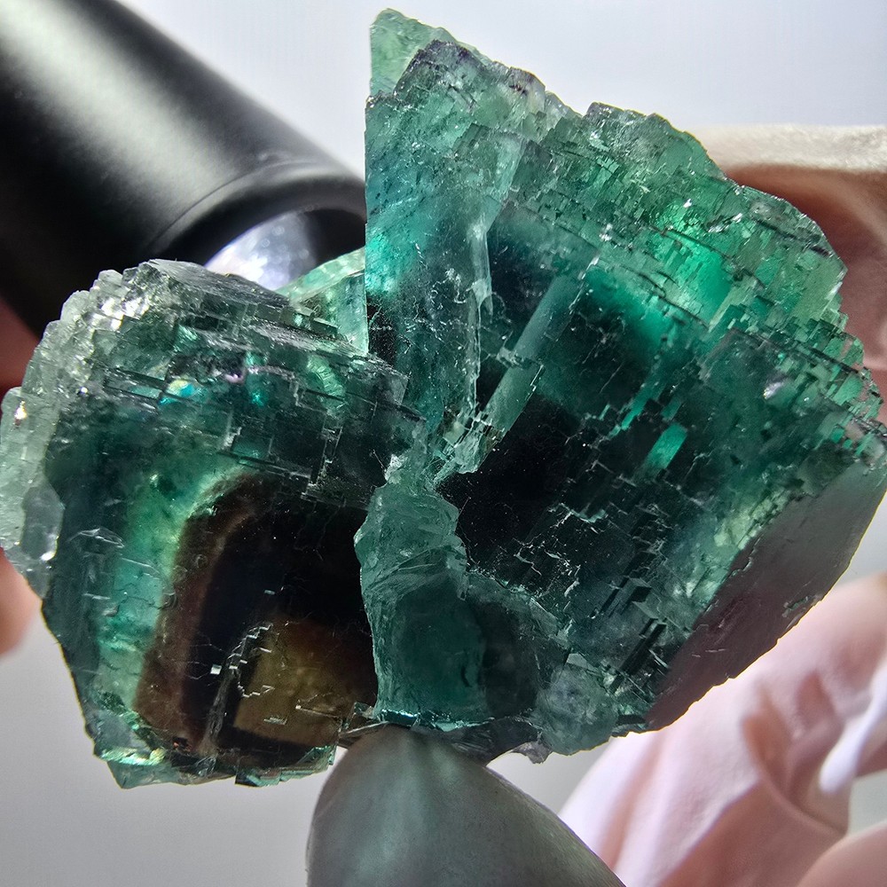 Clear phantom fluorite cube specimen, tessellated green-brown, Okorusu, Namibia