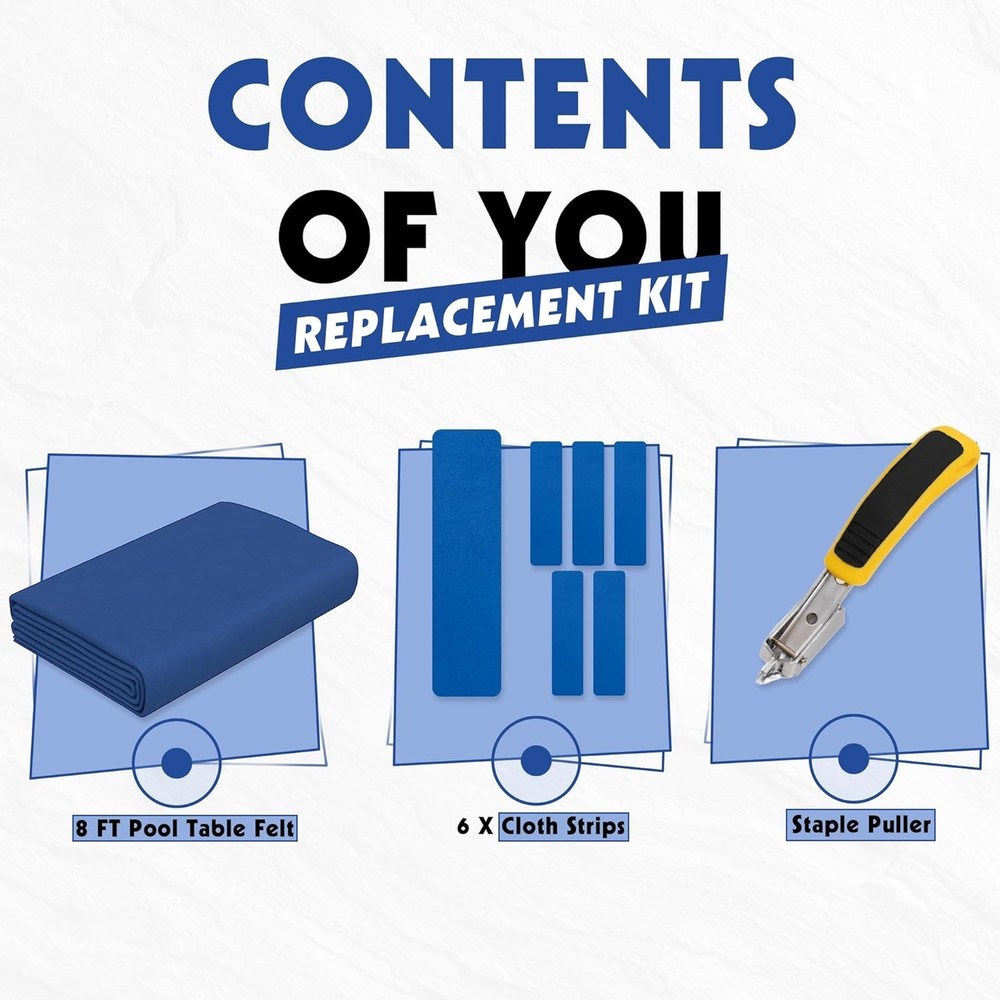 8FT Pool Table Felt Replacement Kit with 6 Cloth Strips & Staple Puller