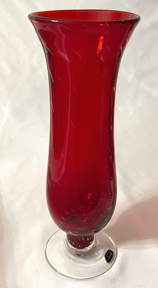 Bischoff Ruby Red Controlled Bubbles Art Glass Vase Original Label