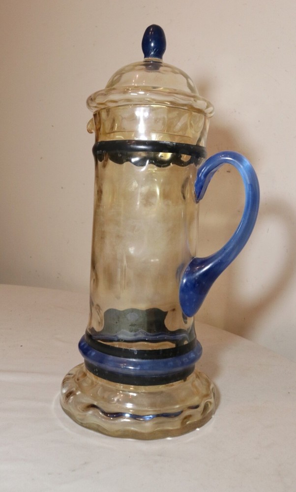 LARGE vintage quality hand blown studio art glass lidded beer stein pitcher
