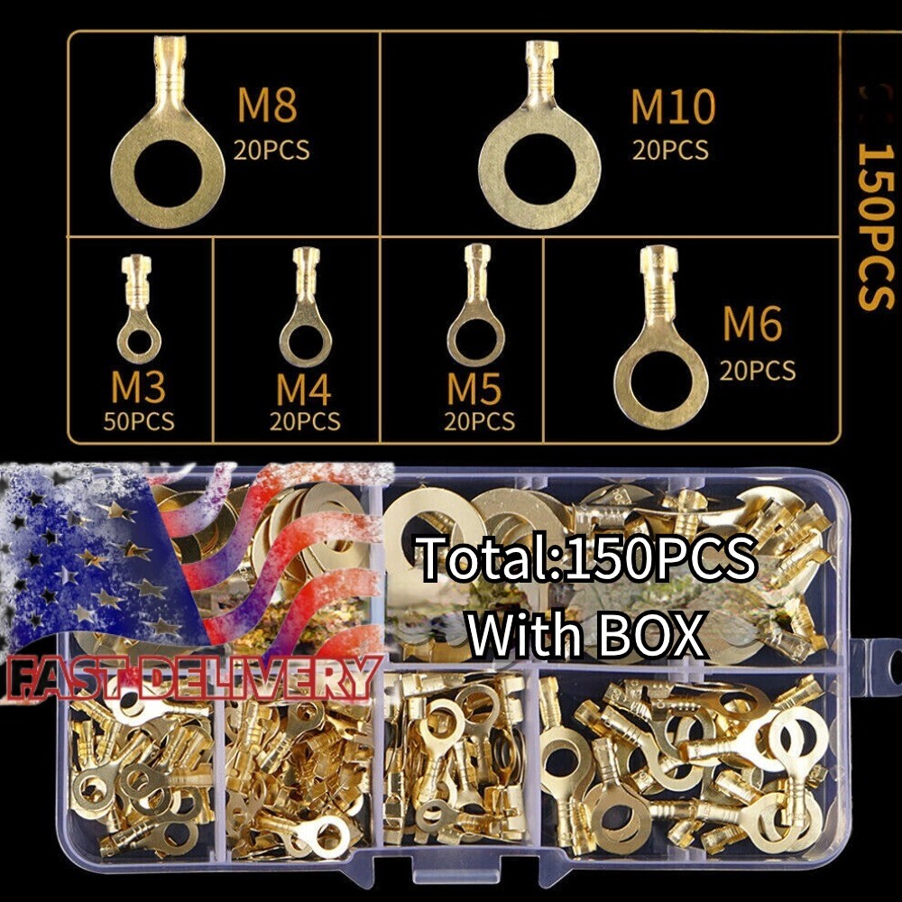 150PCS Wire Connectors Spade Electrical Insulated Brass Crimp Ring Terminals Set