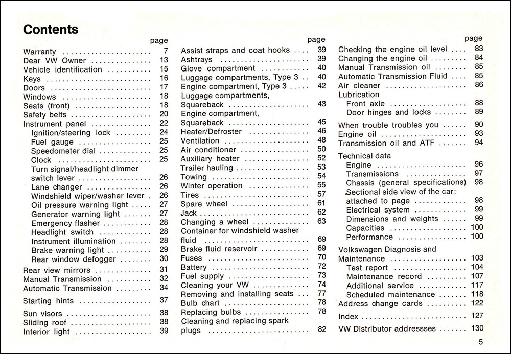 1972 VW Type 3 Owners Manual Volkswagen Fastback Squareback Owner Guide Book-toc