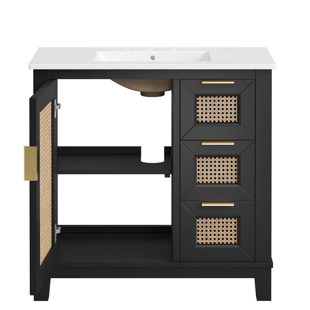 Modway Dixie 36” Solid Wood Bathroom Vanity Cabinet in Black White