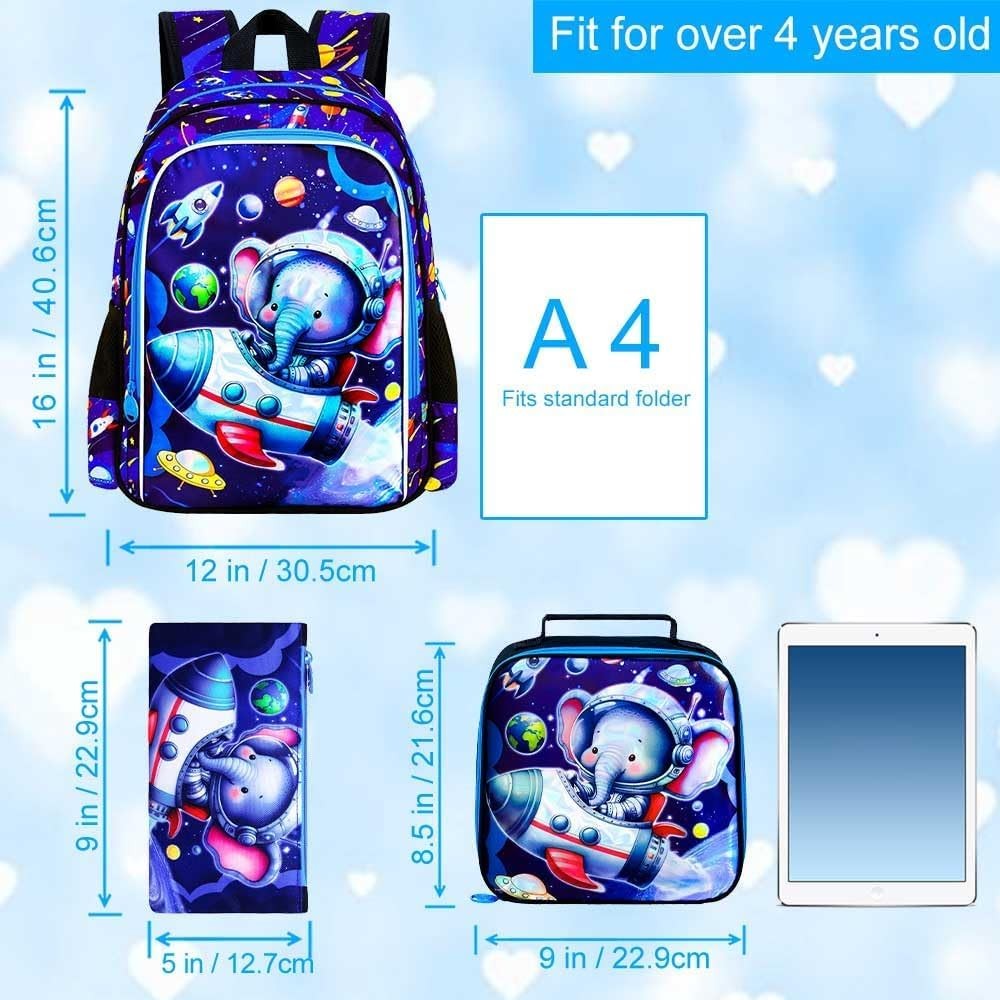 3 PCS Boys Elephant Space Rocket Backpack with Lunch Box Water Resistant Bag