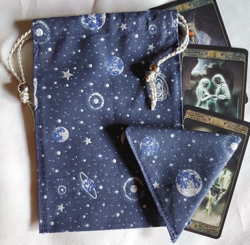Tarot Card Drawstring Bag Handmade Universe with Beads PLUS Crystal Pouch