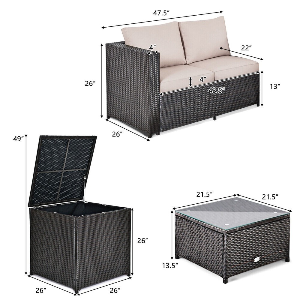 4PCS Cushioned Rattan Patio Conversation Set w/ Coffee Table Side Table