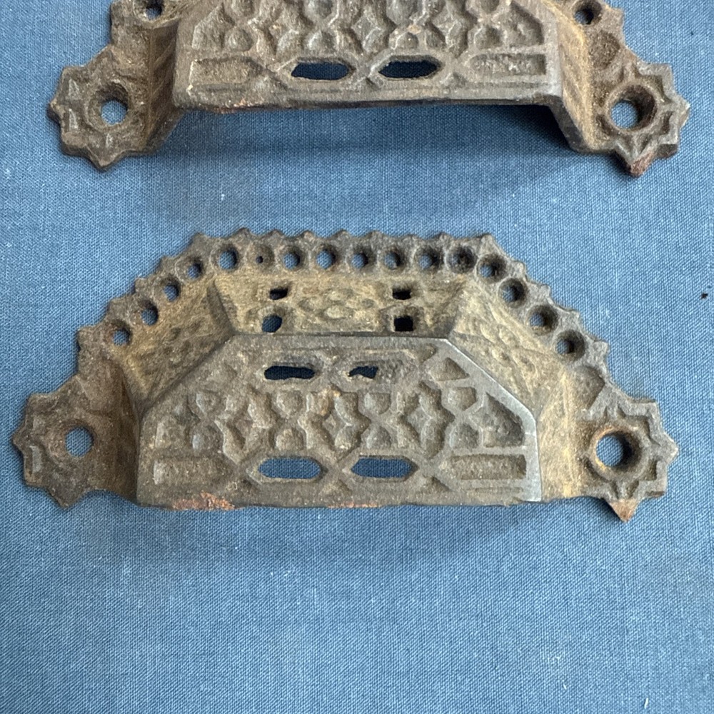 6 Antique Victorian Eastlake Pierced Cast Iron Bin Drawer Pulls Cup Drawer Pulls