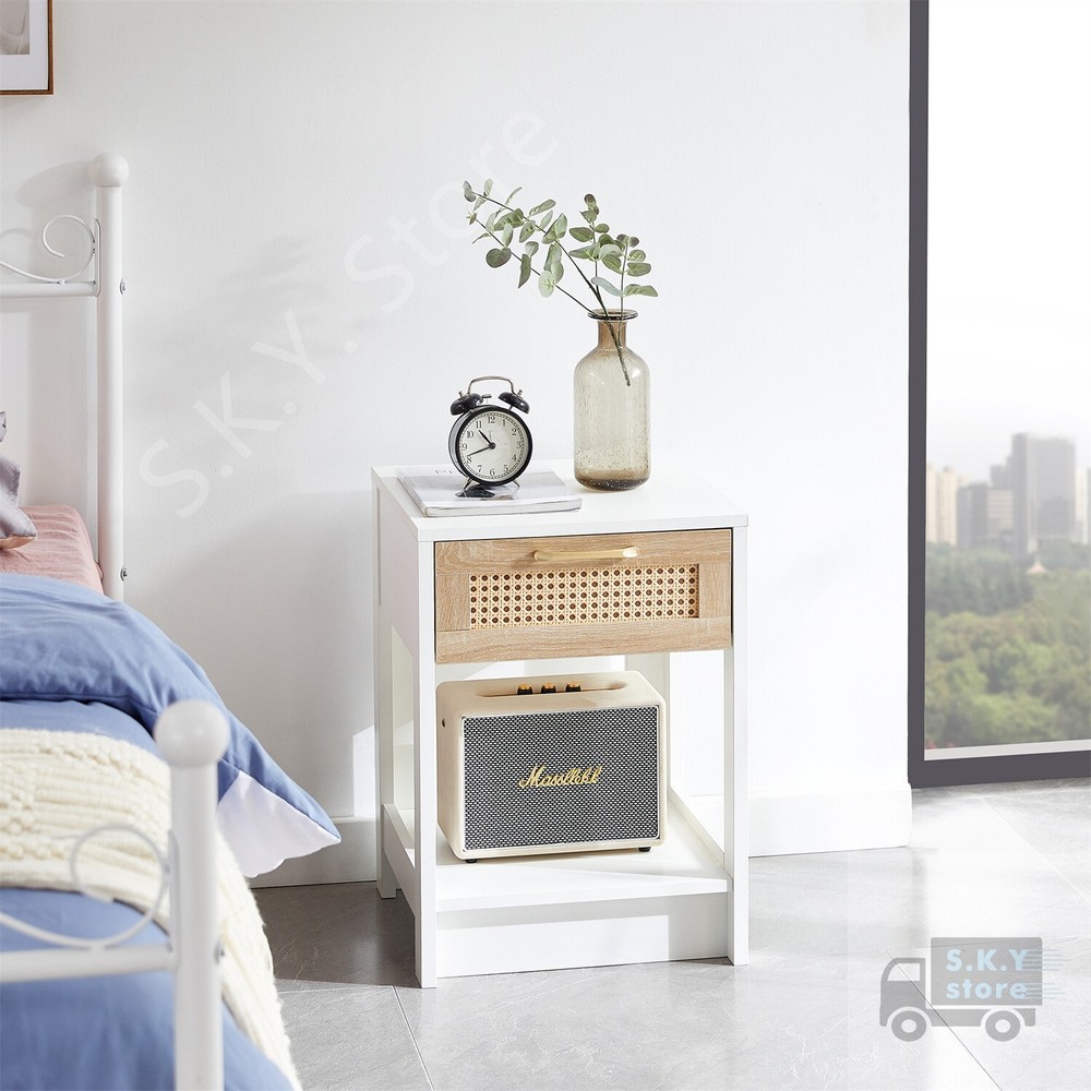 15.75" Modern Rattan Nightstand, End Table with Drawers, White