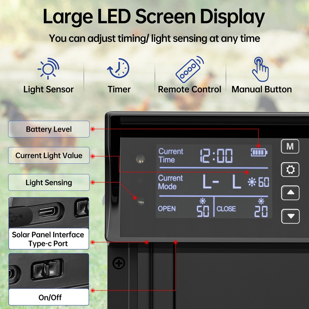Solar Automatic Chicken Coop Door with Anti-Pinch/Timer/Light Sensor/LCD Display