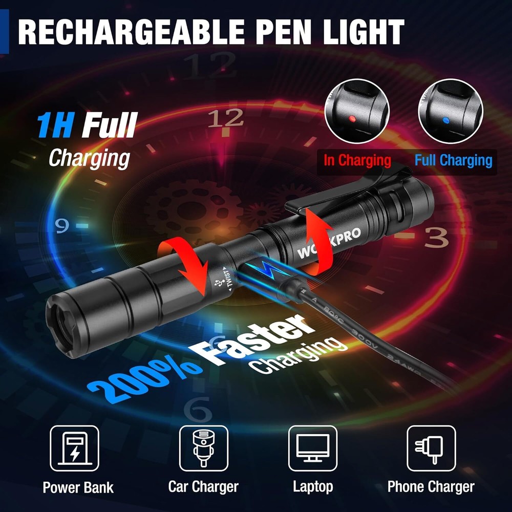 WORKPRO Rechargeable Pen Light Mini Flashlight 2 Pk Ultra-Compact EDC Flashlight
