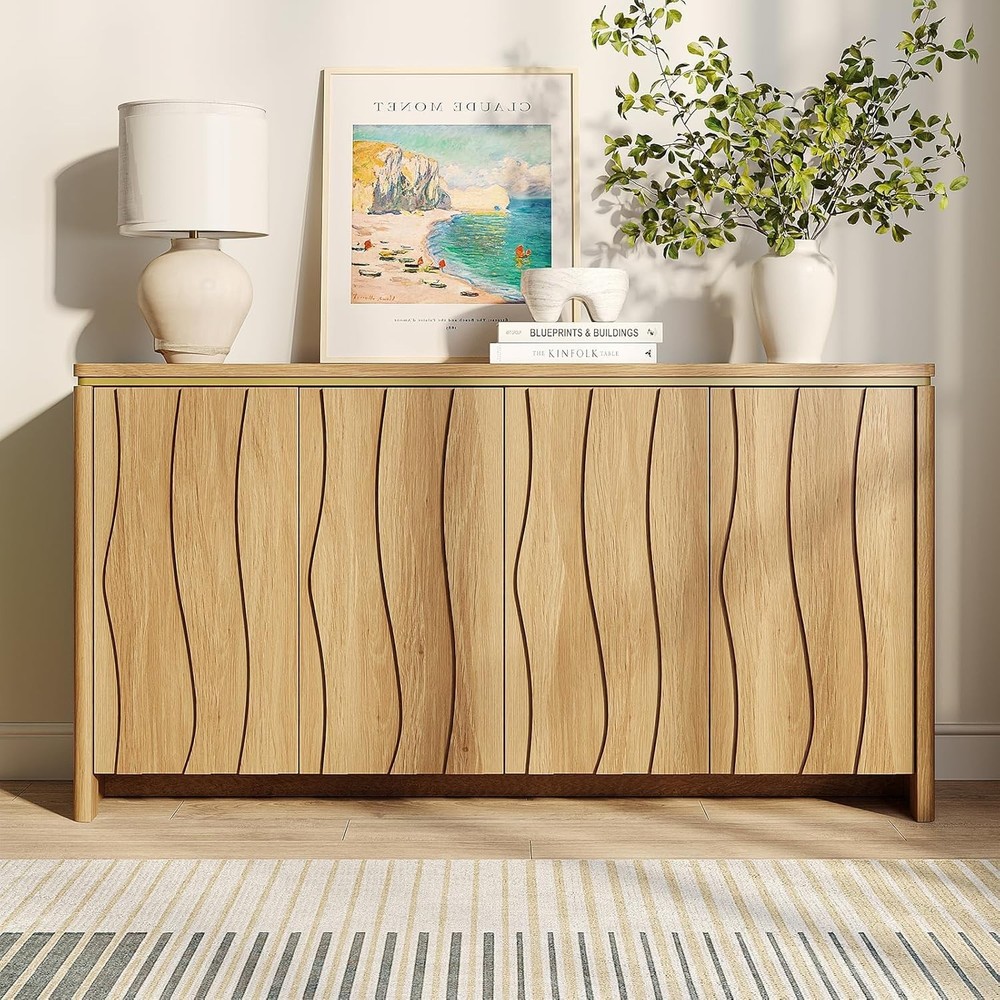 Fluted Buffet Cabinet with Storage, 3D Ripple Pattern Doors and Curved
