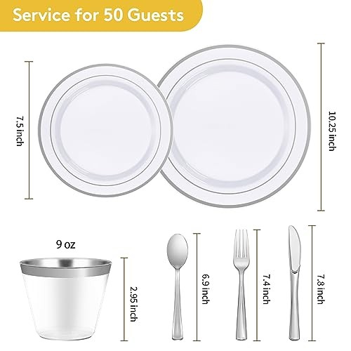 300-Piece Disposable Dinnerware Set for - Plastic Plates, 50 Guests Silver