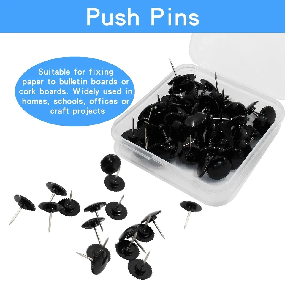 50 Pcs Black Push Pins – Plastic Thumb Tacks, Flat Head, Sharp Point