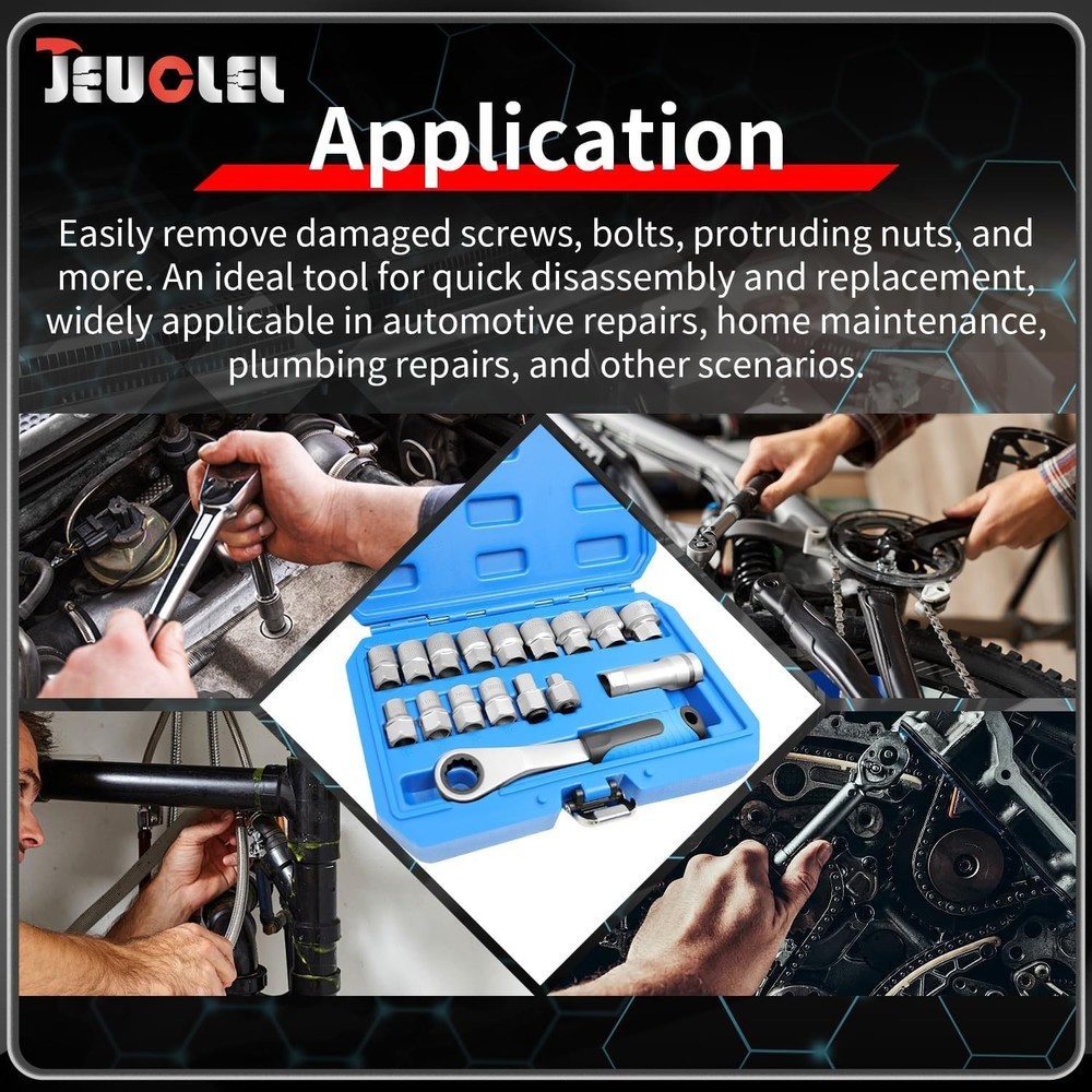 17PCS Pass Through Socket Set Chrome Vanadium Steel Space-Saving Efficient Grip