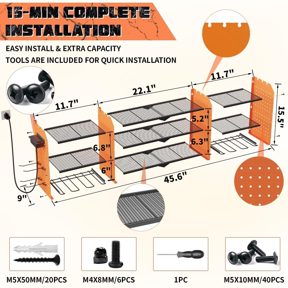 45" Large Power Tool Organizer Wall Mount with Charging Station - 3 Layer Sto...