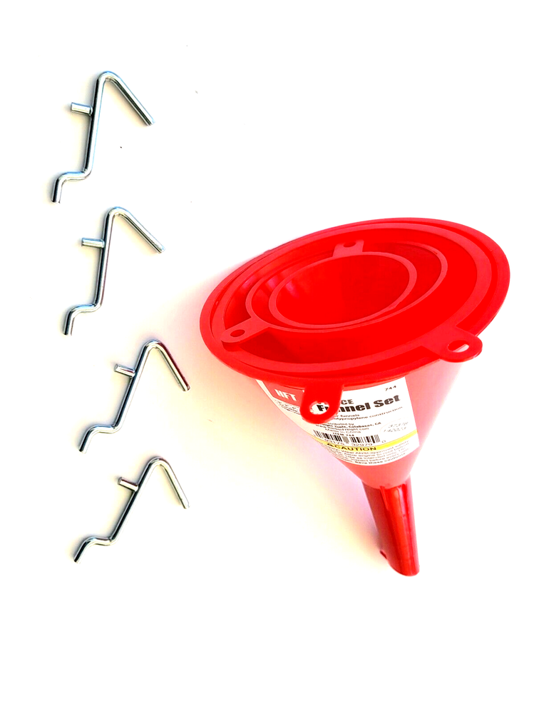 Funnel Set 4pc 2",3"4" and 5" diameter Funnels. With 4 Chromed Hanging Hook