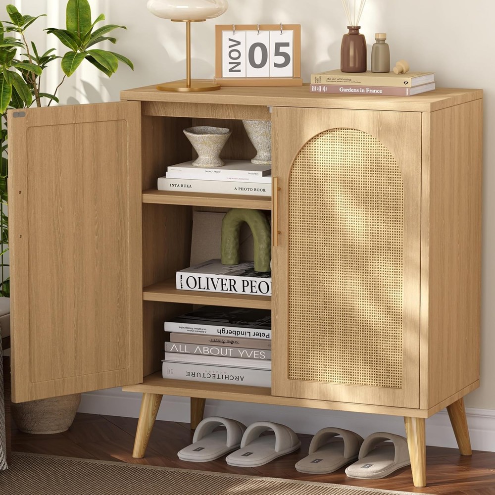 Rattan Buffet Cabinet with Storage, Boho Buffet Table with Adjustable Shelf and