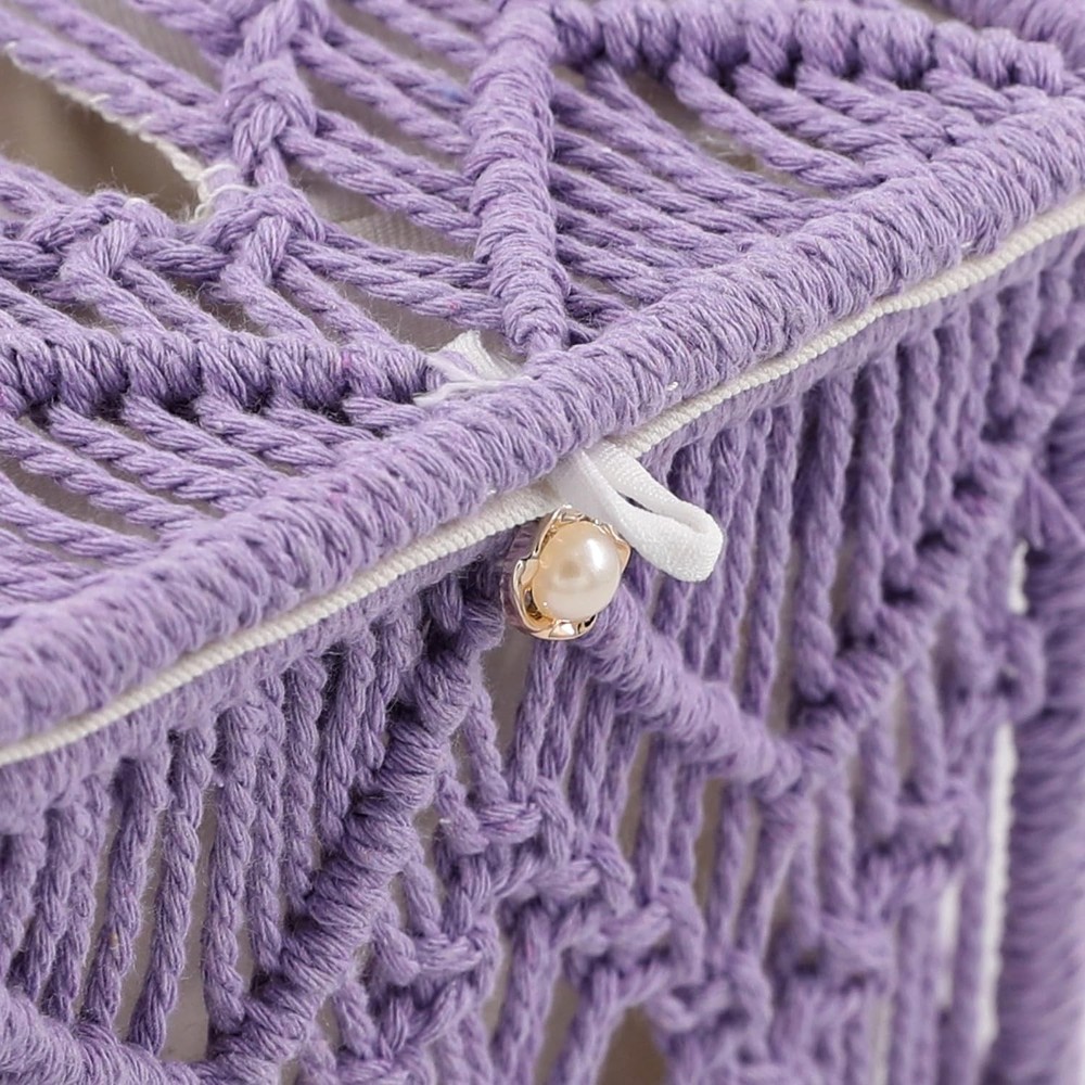 Macrame Tissue Box Cover Square Shape, Braided Rope Boho Style Tissue Purple