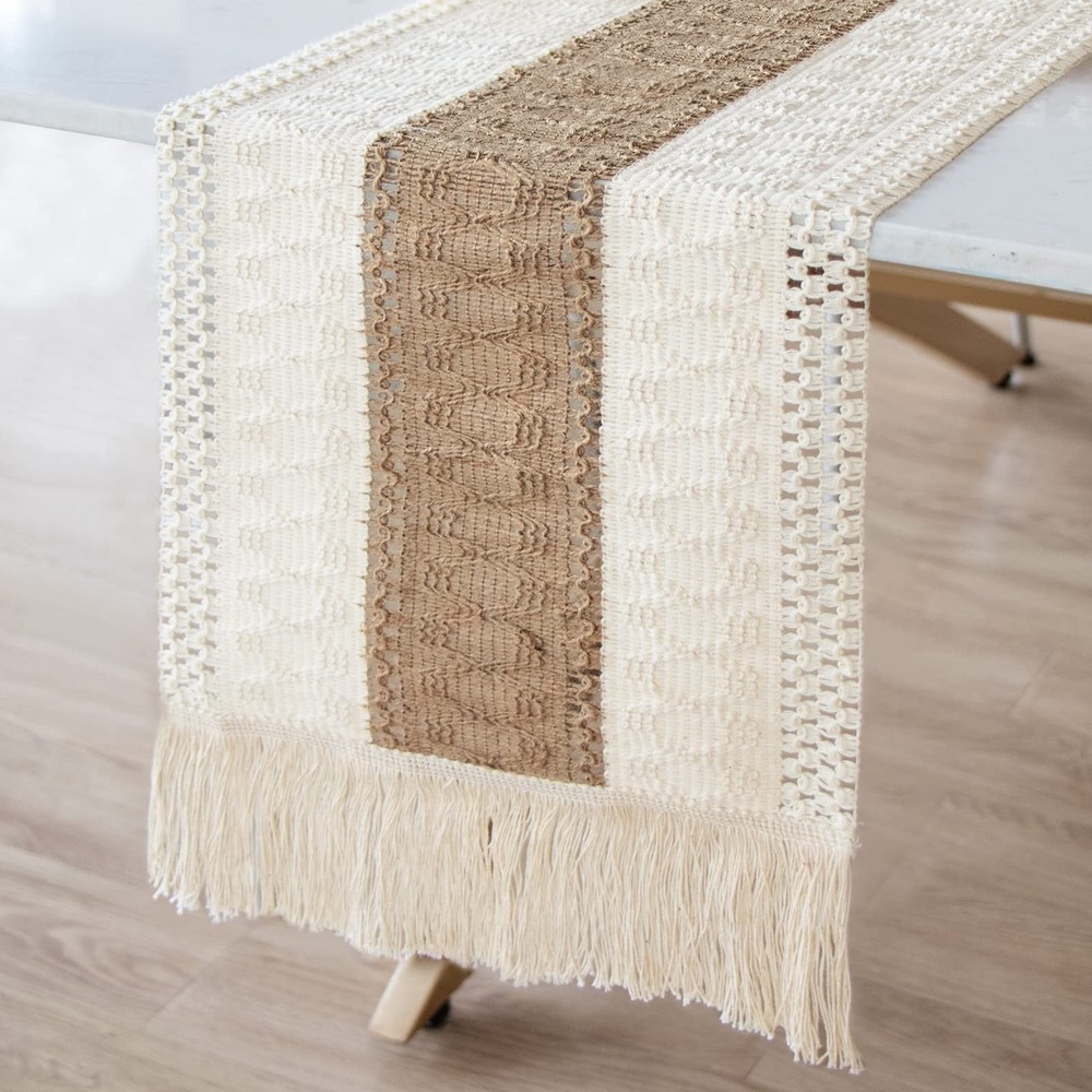 Macrame Table Runner Farmhouse Style, Natural Burlap Boho Table Runner Modern...