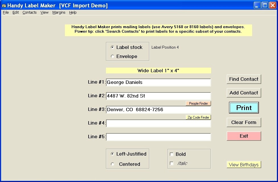Software prints mailing labels. Home/Office Mass mailing, mail list Address book