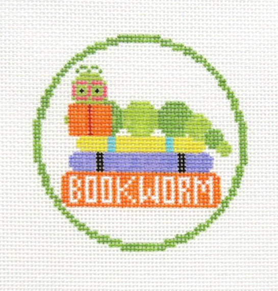 Doolittle Stitchery Bookworm Round Ornament Handpainted Needlepoint Canvas