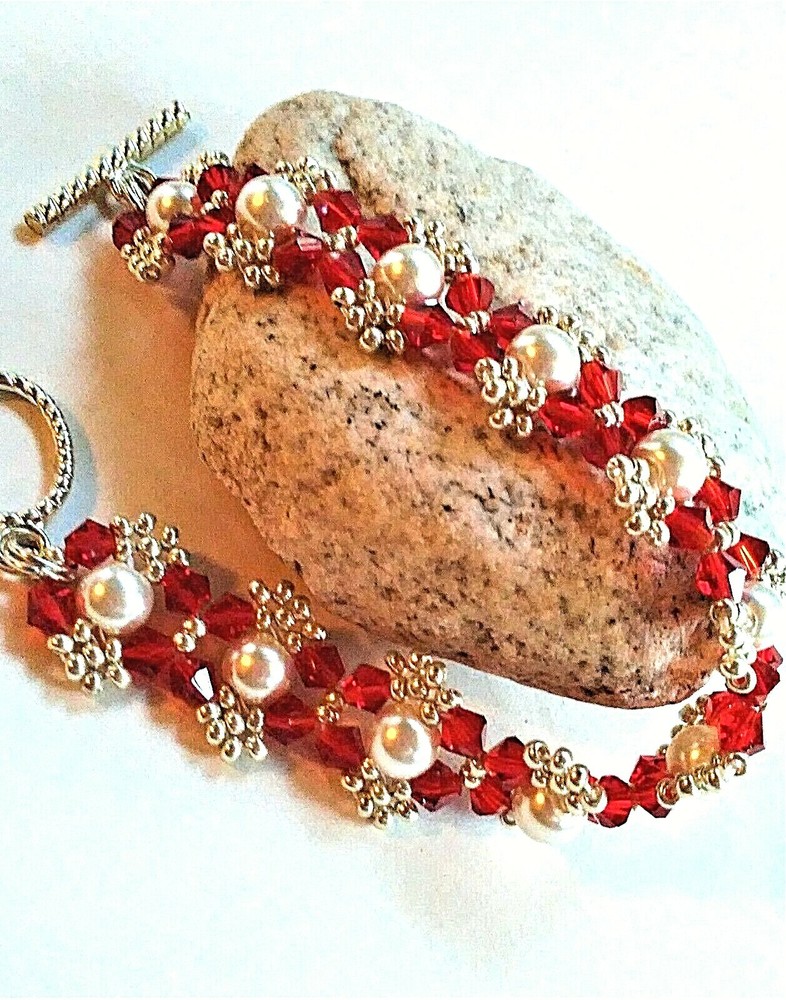 Handmade Red White Pearl Beaded Bracelet