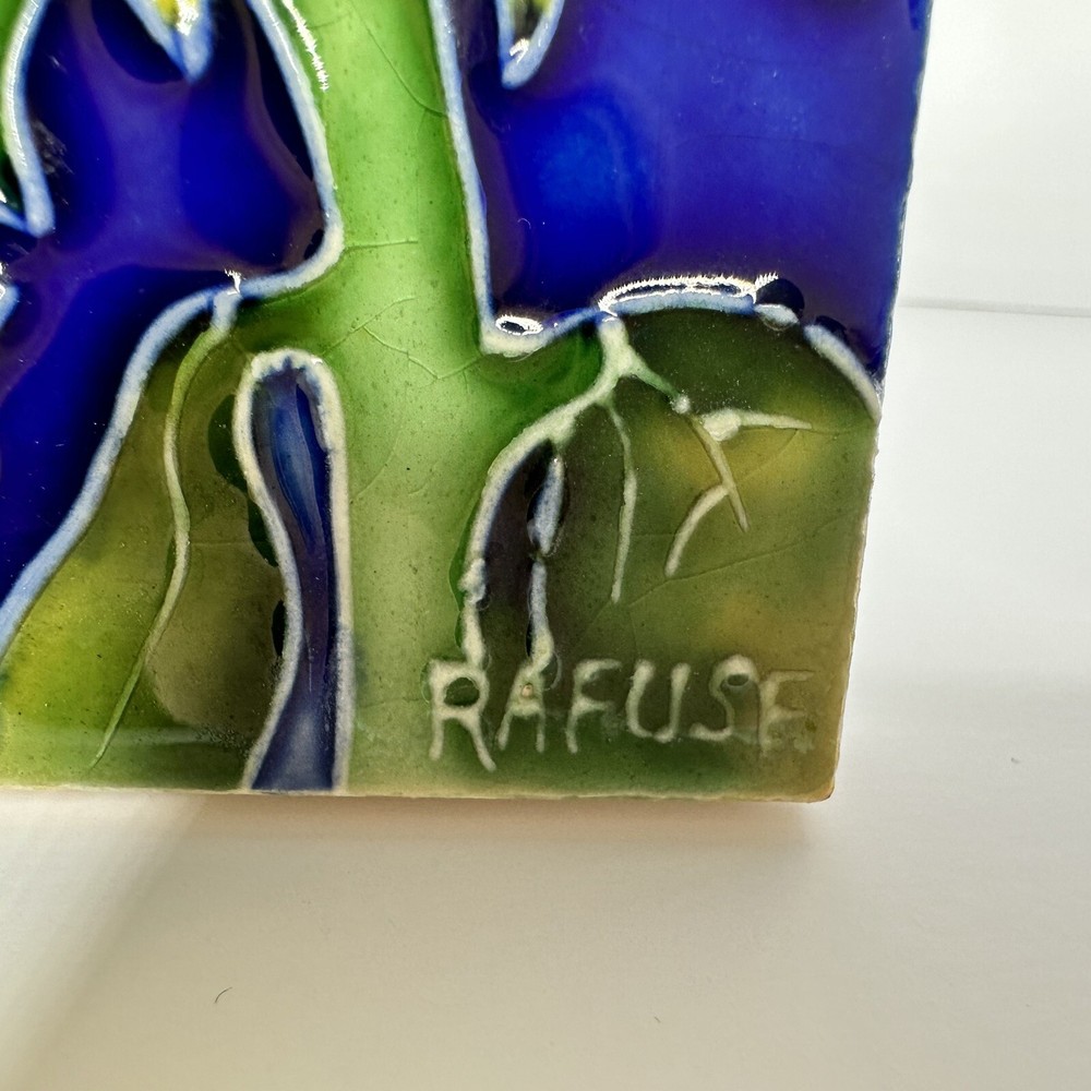 RAFUSE Signed 4" x 4" Ceramic Tile Sunflowers With Blue Background Stand/hang