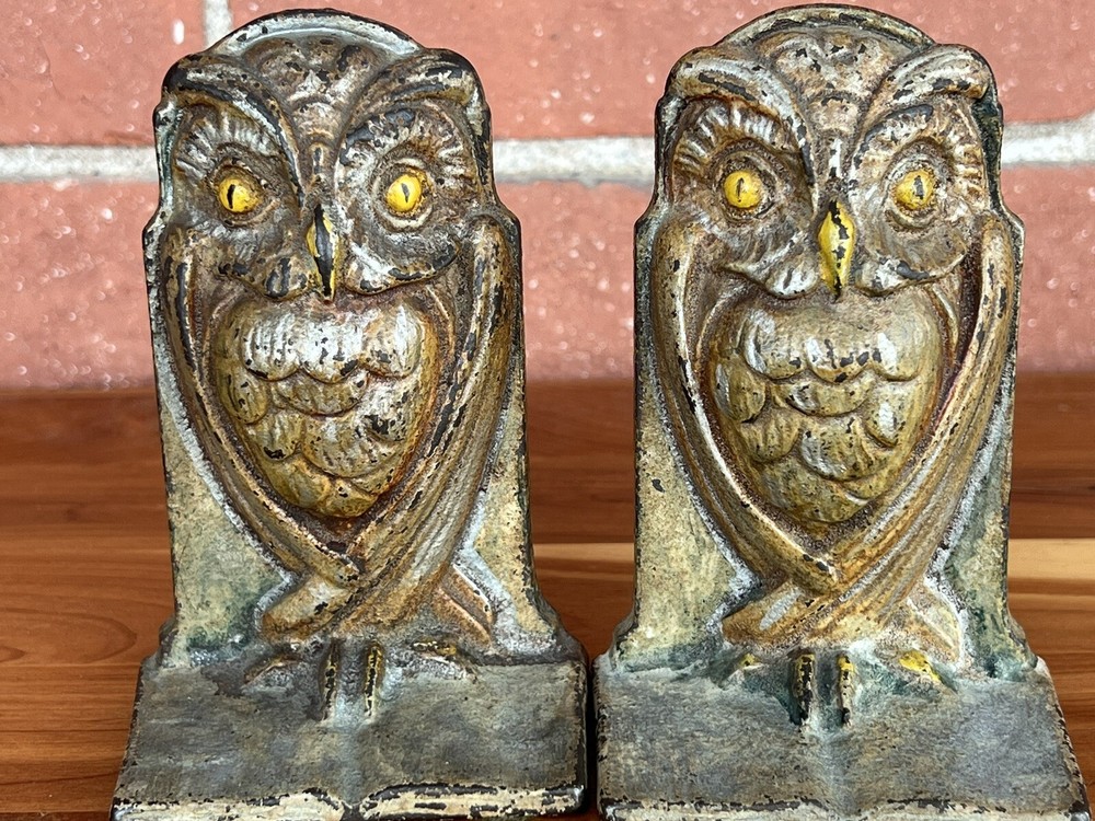 ANTIQUE  WISE OLD OWLS Cast Iron Bookends Shelf Decor Statues