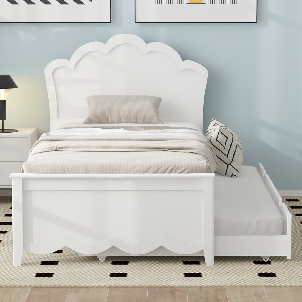 Twin/Full Size Bed Frame Wood Platform Bed with Trundle & Headboard White