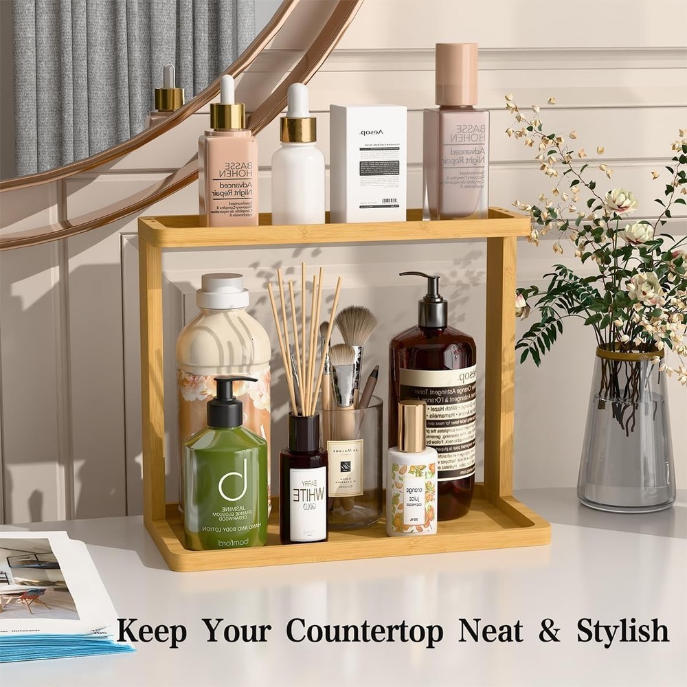 Bamboo Bathroom Organizer Countertop – Small Vanity Storage Shelf for Makeup,...