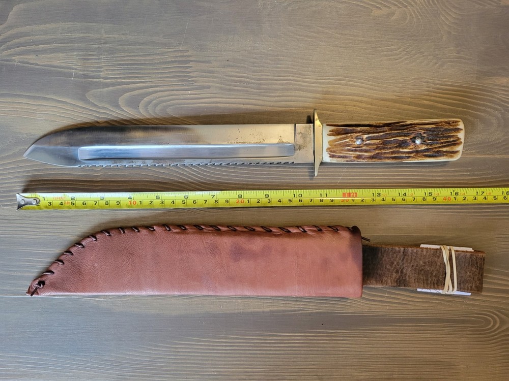 UNIQUE! WWII German Stag Handle Sawback Bowie Knife & Sheath!