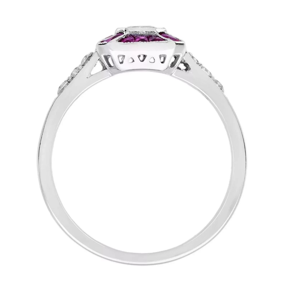 Art Deco Asscher Lab Created Diamond & Ruby Bezel 14K White Gold FN Wedding Ring