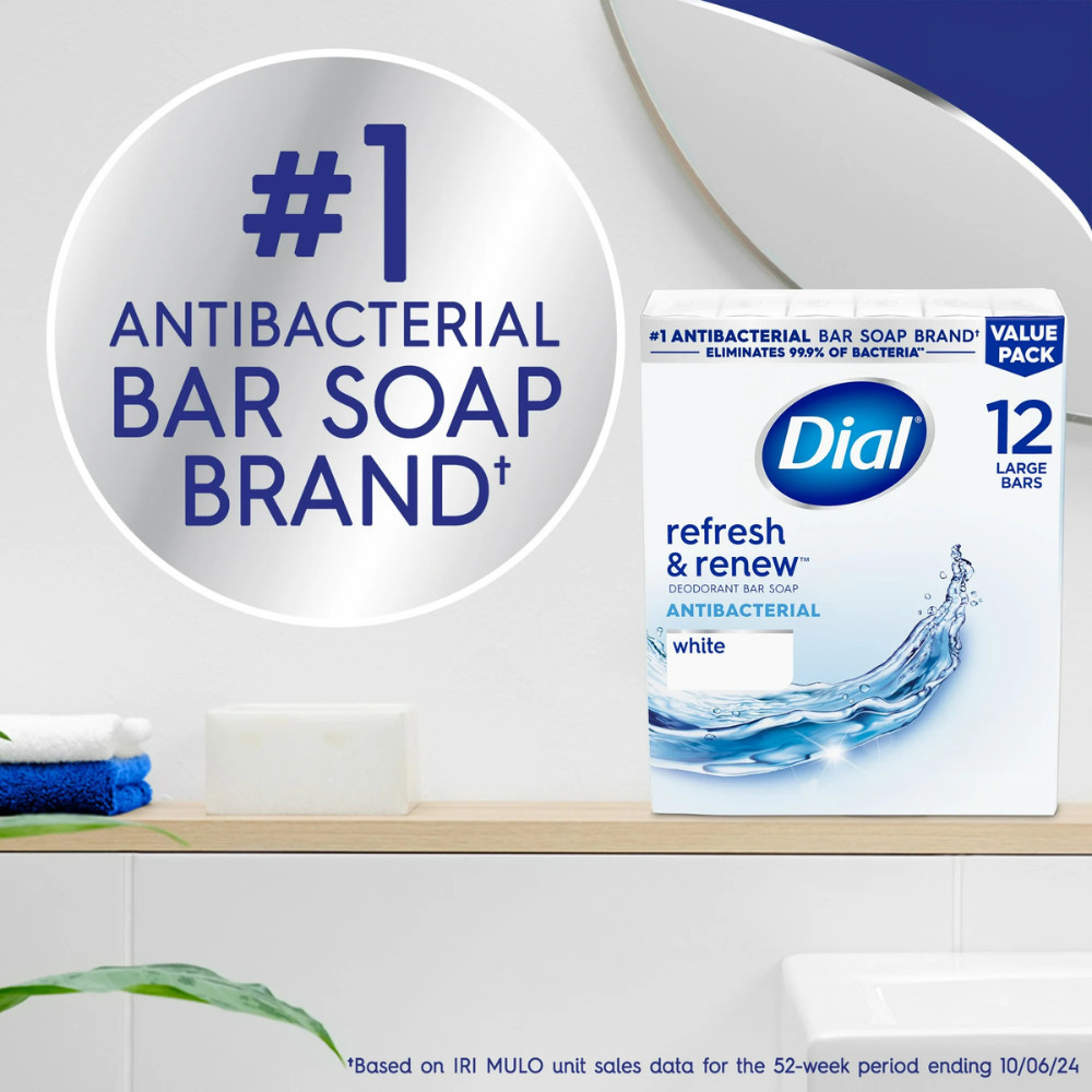 Dial Antibacterial Bar Soap, Refresh & Renew, White, 4 OZ Soap Bars - 12 Pack