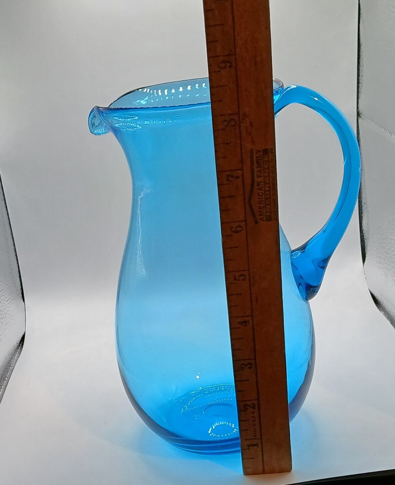 Pitcher Hand Blown Applied Handle Translucent Caribbean Blue Crystal Glass 8.25"