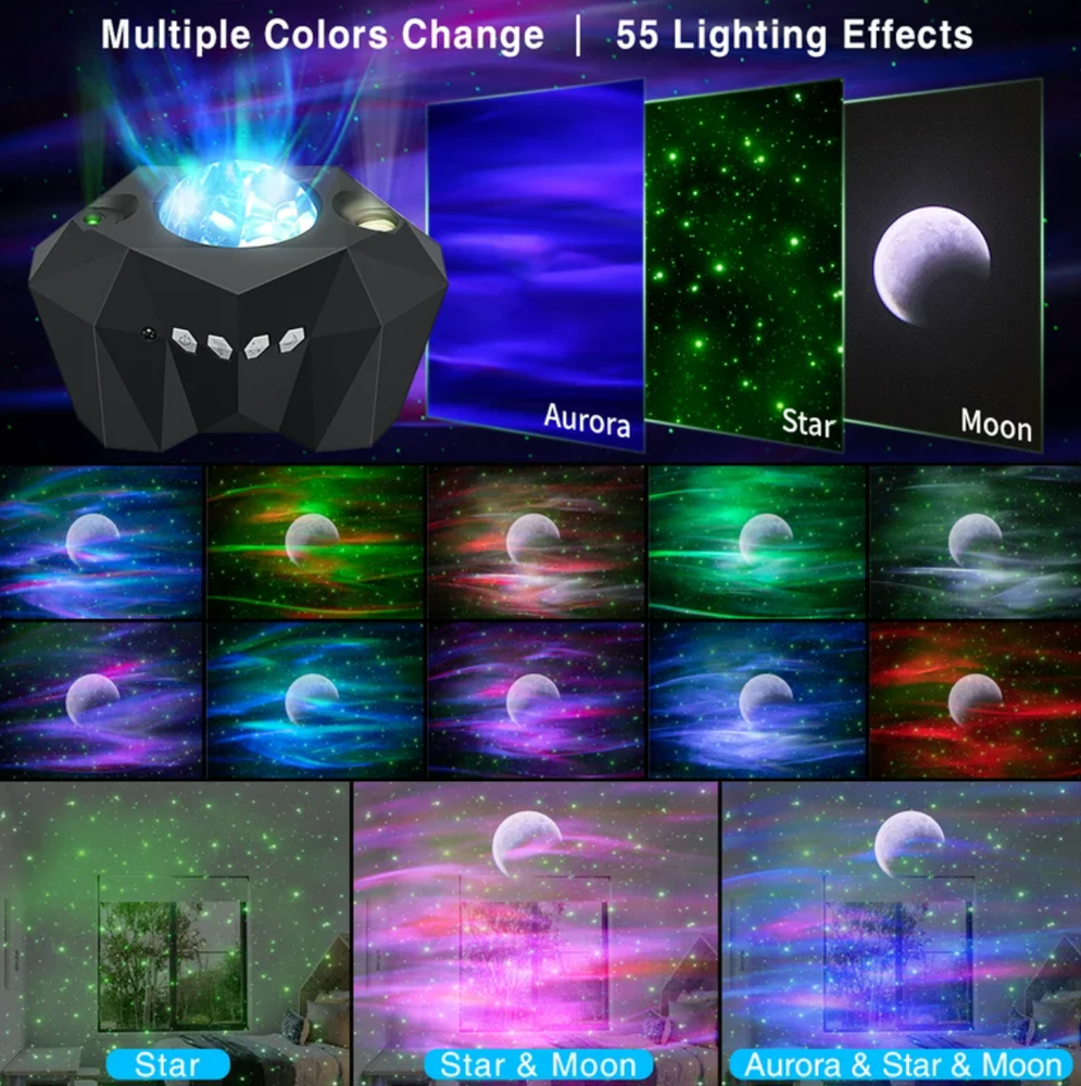 3-in-1 LED Galaxy Moon Projector: 55 Effects, Bluetooth, Timer, Parties - Decor