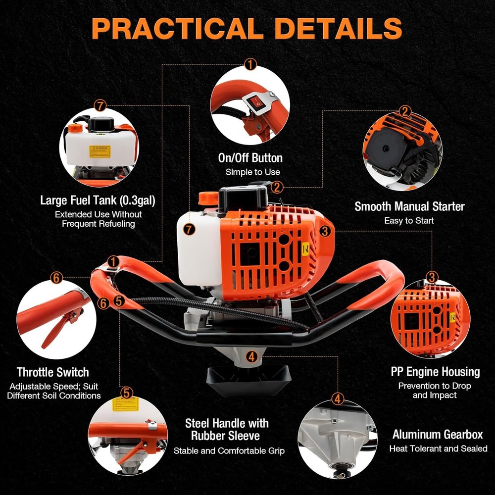 52cc Two-Stroke Auger Post Hole Digger with 3 Drill Bits for Efficient Digging