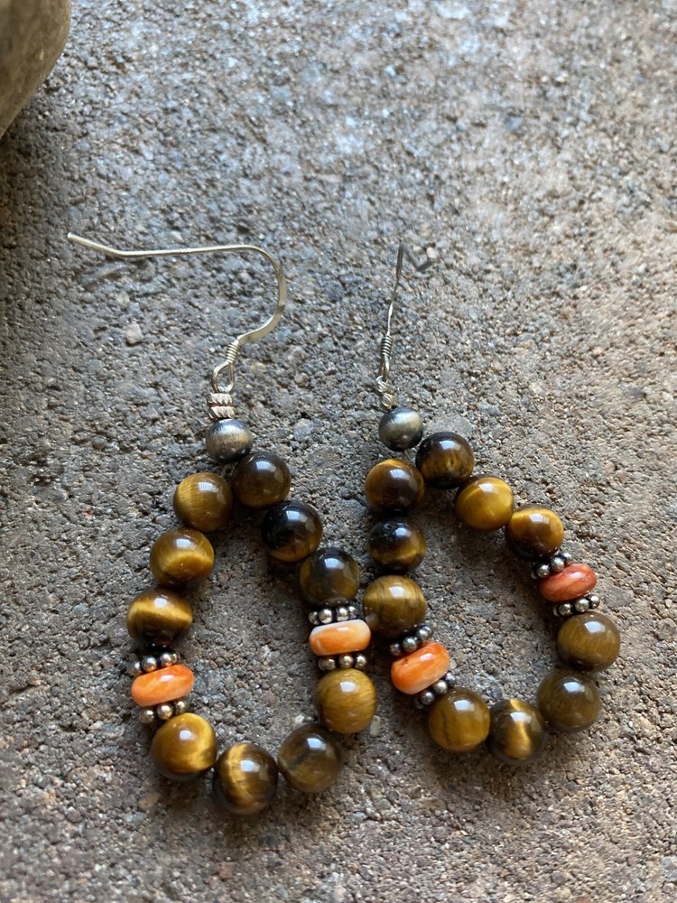 Sterling Silver Tiger’s Eye Spiny Oyster Bead Loop Earrings.